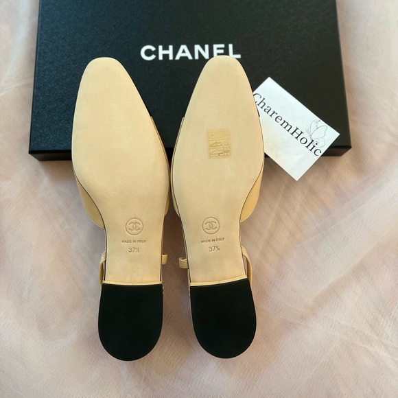New! CHANEL 🤎 Classic Goatskin Beige / Black Slingback low Heels Shoes sz 37.5 - Picture 4 of 4